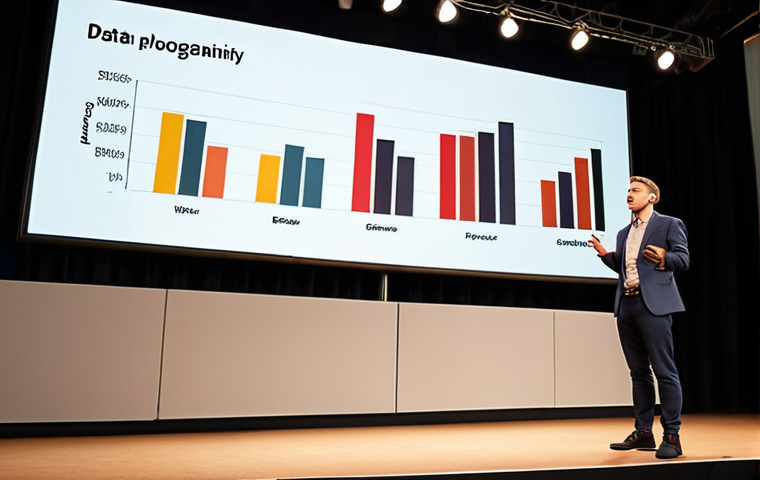 **
A person confidently speaking in front of a crowd during a conference, gesturing with their hands. The background shows a presentation screen with simple data visualizations (bar graphs, pie charts). The atmosphere is professional yet engaging, with warm lighting. Focus on conveying confidence and spontaneity.
**