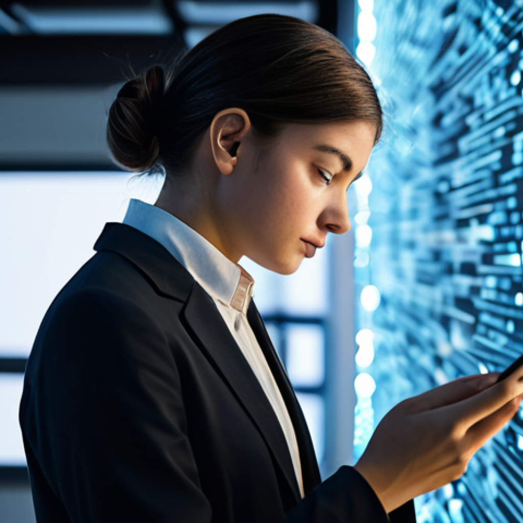 A gender-neutral young professional looking thoughtfully at a smartphone in a modern, clean digital workspace. Subtle, abstract digital data streams and faint social media icons float around the subject, representing the omnipresence of online information and the blurring of private and public boundaries. The lighting is soft and even, highlighting a contemplative mood. Subject is fully clothed in modest professional attire, appropriate content, safe for work, perfect anatomy, natural pose, correct proportions, professional photography, high-quality, family-friendly.