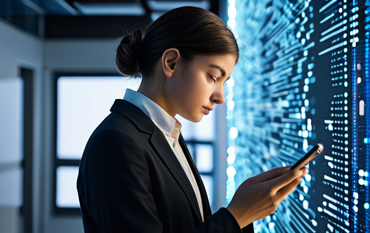 A gender-neutral young professional looking thoughtfully at a smartphone in a modern, clean digital workspace. Subtle, abstract digital data streams and faint social media icons float around the subject, representing the omnipresence of online information and the blurring of private and public boundaries. The lighting is soft and even, highlighting a contemplative mood. Subject is fully clothed in modest professional attire, appropriate content, safe for work, perfect anatomy, natural pose, correct proportions, professional photography, high-quality, family-friendly.