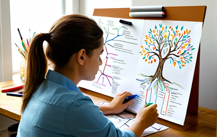 Mind Map Creation**

A person sitting at a wooden desk in a sunlit home office, creating a mind map with colorful markers on a large sheet of paper. The mind map is focused on "Creative Problem Solving" with branches extending to "Brainstorming," "Visualization," and "Storytelling." Fully clothed, casual attire, safe for work, appropriate content, professional composition, perfect anatomy, natural proportions, high resolution, family-friendly.

**