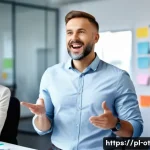 Home 22 즉흥 스피치의 진화 과정 - A diverse group of professionals in a modern office environment engaged in a lively improvisation wo...