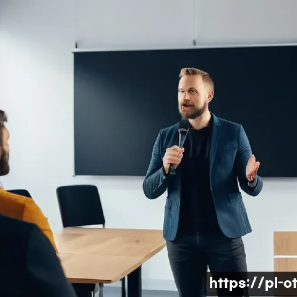 즉흥 스피치에서의 효과적인 질문 활용하기 - A confident Polish public speaker in his 30s delivering an improvised speech on stage in a modern co...