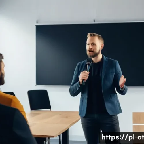 Home 33 즉흥 스피치에서의 효과적인 질문 활용하기 - A confident Polish public speaker in his 30s delivering an improvised speech on stage in a modern co...