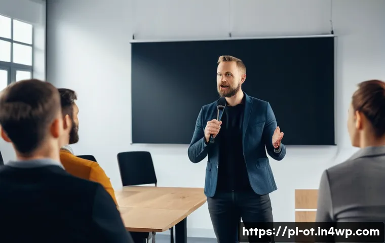 즉흥 스피치에서의 효과적인 질문 활용하기 - A confident Polish public speaker in his 30s delivering an improvised speech on stage in a modern co...