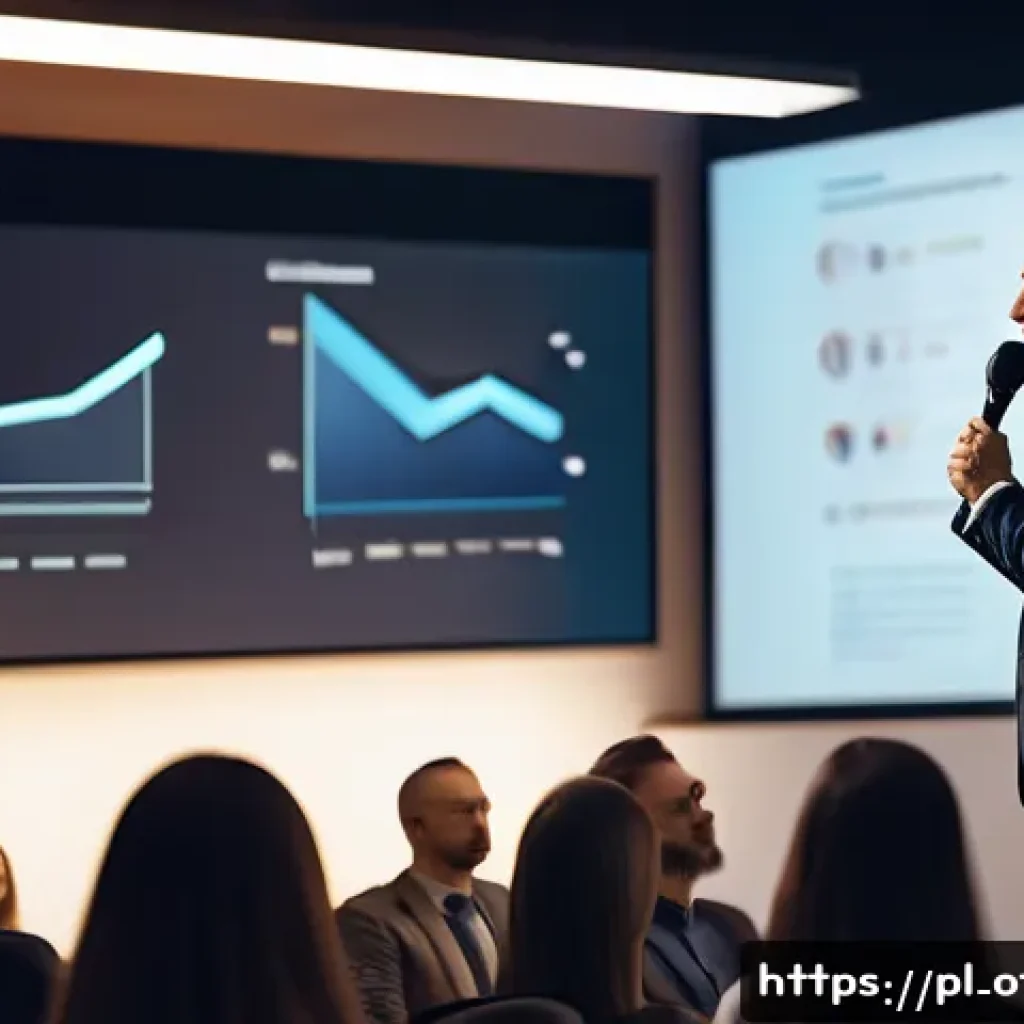 즉흥 스피치에서의 창의적 아이디어 발상 - A confident Polish public speaker in business casual attire standing on a modern stage with a microp...
