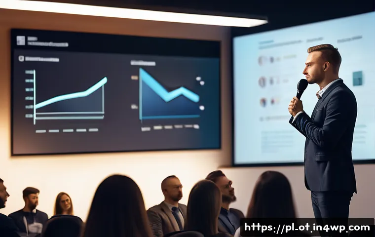 즉흥 스피치에서의 창의적 아이디어 발상 - A confident Polish public speaker in business casual attire standing on a modern stage with a microp...