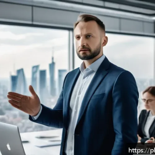 Home 30 즉흥 스피치와 리더십의 관계 - A dynamic modern office scene showing a confident business leader standing in front of a diverse tea...