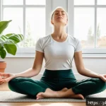 Home 23 즉흥 스피치 시 긴장 완화 기술 - A serene indoor scene of a young Polish professional practicing conscious breathing using the 4-7-8 ...