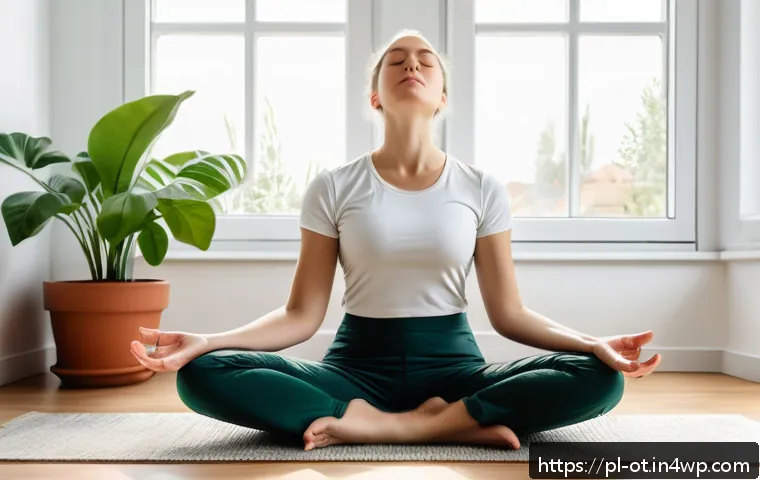 즉흥 스피치 시 긴장 완화 기술 - A serene indoor scene of a young Polish professional practicing conscious breathing using the 4-7-8 ...
