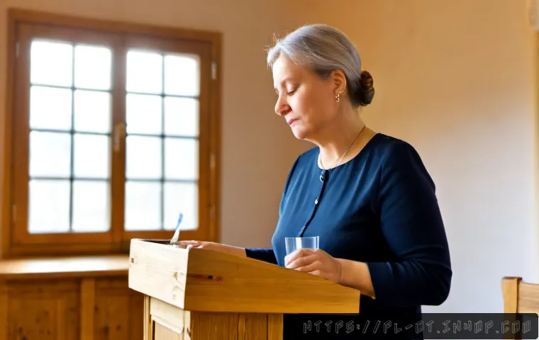 Home 17 즉흥 스피치에서의 효과적인 긴장 해소법 - Photorealistic candid scene of a middle-aged Polish woman calmly preparing for an impromptu speech i...