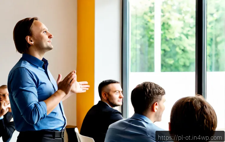 Home 17 즉흥 스피치의 언어적 유연성 필요성 - Photorealistic scene of a confident Polish professional giving an impromptu speech at a small Warsaw...